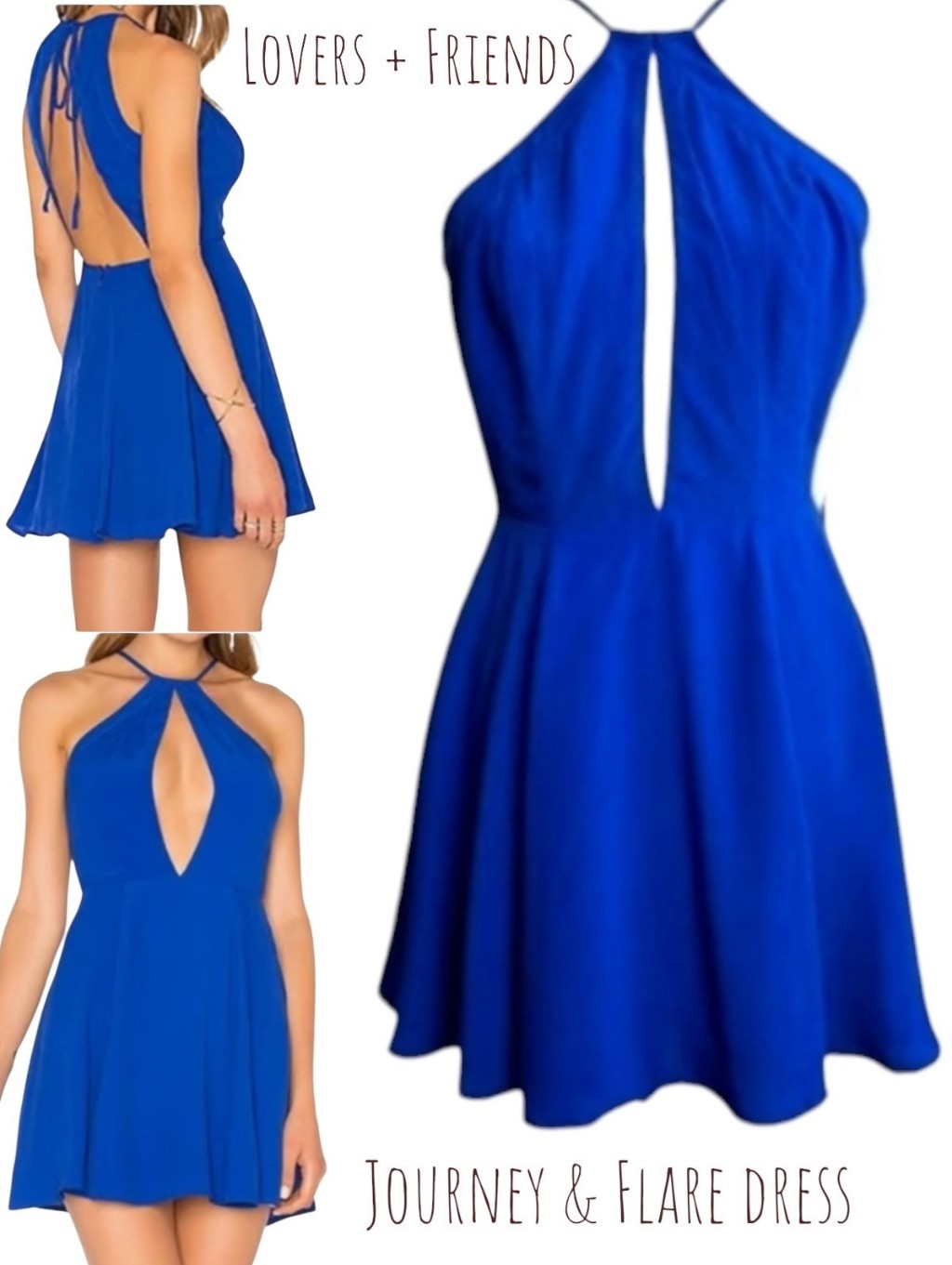 Lovers + Friends Journey & Flare Dress Cobalt Blue Halter Mini Cut-Out Women's M